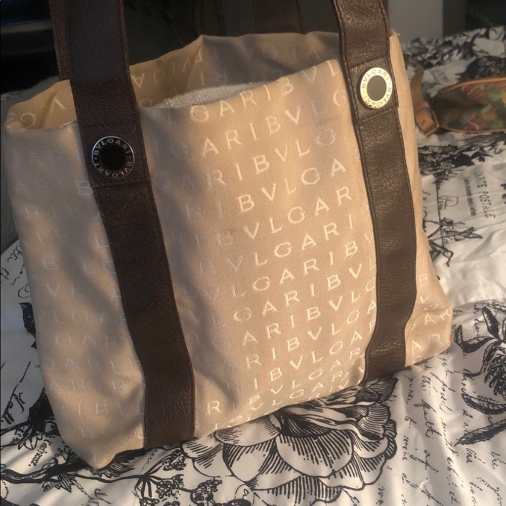 Bulgari Beige Canvas Tote with Brown Leather Straps